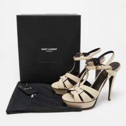Pre Owned Saint Laurent Cream Textured Leather Tribute Platform Ankle Strap Sandals Size 39