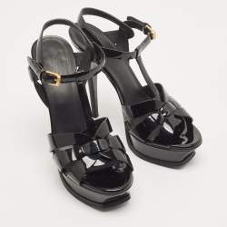 Pre Owned Saint Laurent Paris Black Patent Leather Tribute Platform Ankle Strap Sandals Size 38.5