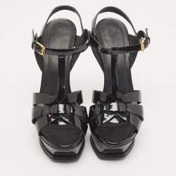 Pre Owned Saint Laurent Paris Black Patent Leather Tribute Platform Ankle Strap Sandals Size 38.5