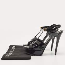 Pre Owned Saint Laurent Paris Black Patent Leather Tribute Platform Ankle Strap Sandals Size 38.5