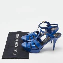 Saint Laurent Blue Patent Leather Tribute Platform Sandals Size 39