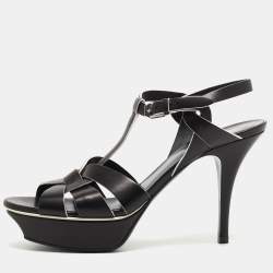 Pre Owned Saint Laurent Black Leather Tribute Ankle Strap Sandals Size 39