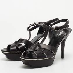 Pre Owned Saint Laurent Black Leather Tribute Ankle Strap Sandals Size 39