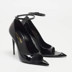 Pre Owned Saint Laurent Black Patent Leather Open Pointed Toe Ankle Strap Pumps Size 36