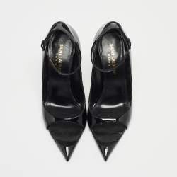 Pre Owned Saint Laurent Black Patent Leather Open Pointed Toe Ankle Strap Pumps Size 36