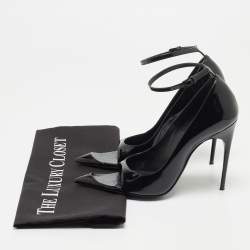 Pre Owned Saint Laurent Black Patent Leather Open Pointed Toe Ankle Strap Pumps Size 36