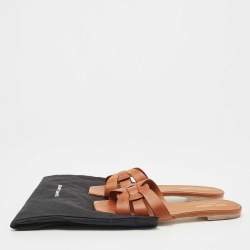 Saint Laurent Brown Leather Tribute Flat Slides Size 38 