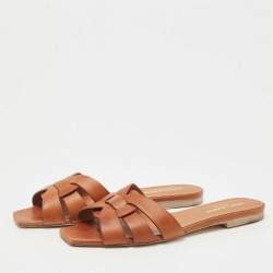 Saint Laurent Brown Leather Tribute Flat Slides Size 38 