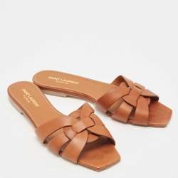 Saint Laurent Brown Leather Tribute Flat Slides Size 38 