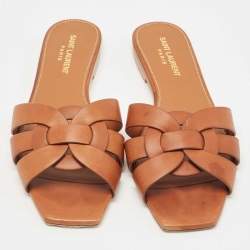Saint Laurent Brown Leather Tribute Flat Slides Size 38 