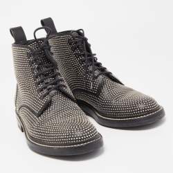 Pre Owned Saint Laurent Black Leather Embellished Combat Boots Size 37