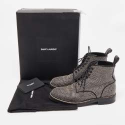 Pre Owned Saint Laurent Black Leather Embellished Combat Boots Size 37