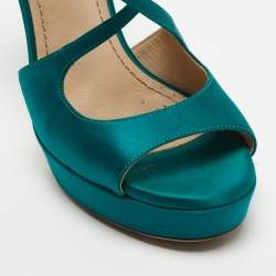 Saint Laurent Teal Satin Cross Strap Platform Sandals Size 38