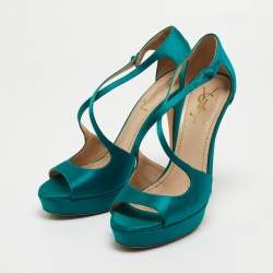 Saint Laurent Teal Satin Cross Strap Platform Sandals Size 38