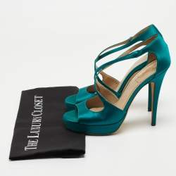 Saint Laurent Teal Satin Cross Strap Platform Sandals Size 38