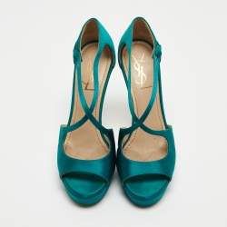 Saint Laurent Teal Satin Cross Strap Platform Sandals Size 38