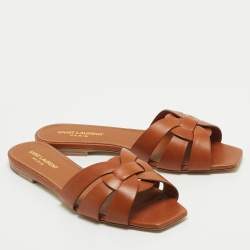Saint Laurent Paris Brown Leather Tribute Flat Slides Size 38