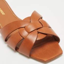 Saint Laurent Paris Brown Leather Tribute Flat Slides Size 38