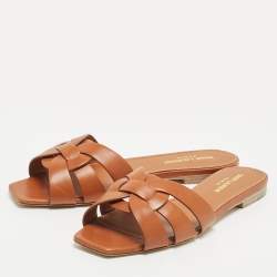 Saint Laurent Paris Brown Leather Tribute Flat Slides Size 38