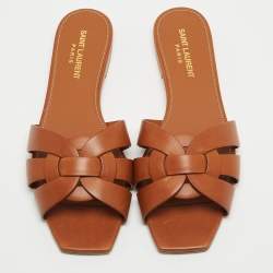 Saint Laurent Paris Brown Leather Tribute Flat Slides Size 38