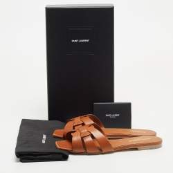 Saint Laurent Paris Brown Leather Tribute Flat Slides Size 38
