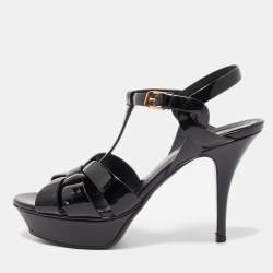 Saint Laurent Black Patent Leather Tribute Platform Sandals Size 38