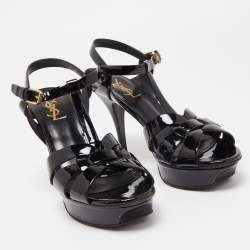 Saint Laurent Black Patent Leather Tribute Platform Sandals Size 38