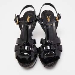 Saint Laurent Black Patent Leather Tribute Platform Sandals Size 38