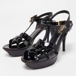 Saint Laurent Black Patent Leather Tribute Platform Sandals Size 38