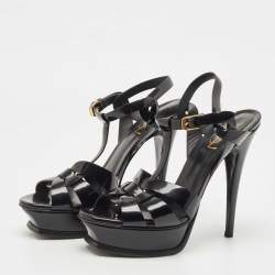 مملوكة مسبقًا Saint Laurent Black Patent Leather Tribute Sandals Size 38