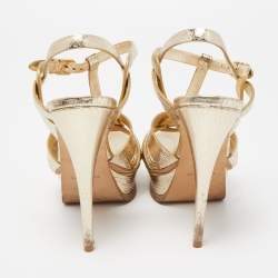 Pre Owned Saint Laurent Gold Leather Tribute Sandals Size 38.5