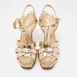 Pre Owned Saint Laurent Gold Leather Tribute Sandals Size 38.5