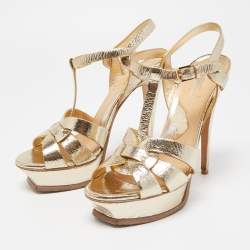 Pre Owned Saint Laurent Gold Leather Tribute Sandals Size 38.5