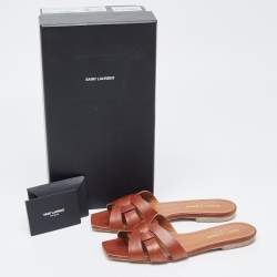 Saint Laurent Brown Leather Tribute Flat Slides Size 36