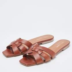 Saint Laurent Brown Leather Tribute Flat Slides Size 36