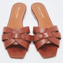 Saint Laurent Brown Leather Tribute Flat Slides Size 36