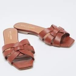 Saint Laurent Brown Leather Tribute Flat Slides Size 36
