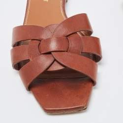 Saint Laurent Brown Leather Tribute Flat Slides Size 36