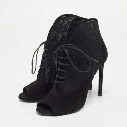 Pre Owned Saint Laurent Black Suede and Lace Open Toe Ankle Booties Size 39.5