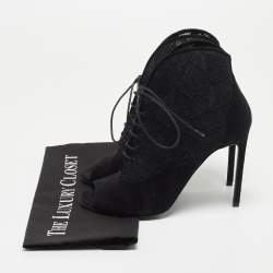 Pre Owned Saint Laurent Black Suede and Lace Open Toe Ankle Booties Size 39.5