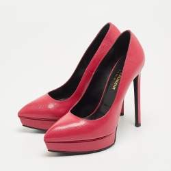 مملوكة مسبقًا Saint Laurent Pink Textured Leather Janis Platform Pointed Toe Pumps Size 36