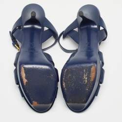 Saint Laurent Paris Navy Blue Leather Tribute Platform Ankle Strap Sandals Size 38