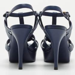 Saint Laurent Paris Navy Blue Leather Tribute Platform Ankle Strap Sandals Size 38