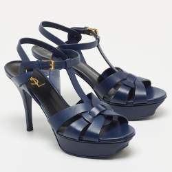 Saint Laurent Paris Navy Blue Leather Tribute Platform Ankle Strap Sandals Size 38