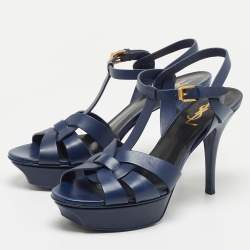Saint Laurent Paris Navy Blue Leather Tribute Platform Ankle Strap Sandals Size 38