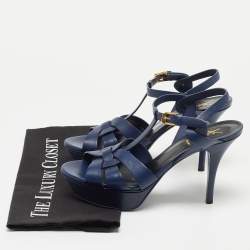 Saint Laurent Paris Navy Blue Leather Tribute Platform Ankle Strap Sandals Size 38