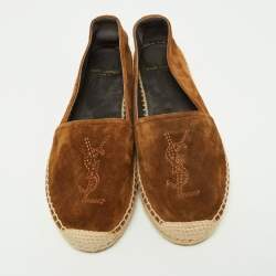 Saint Laurent Brown Suede Cassandra Espadrilles Slip On Loafers Size 37.5