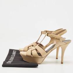 Pre Owned Saint Laurent Beige Patent Tribute Ankle Strap Sandals Size 38