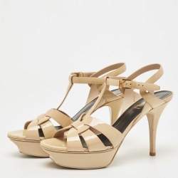 Pre Owned Saint Laurent Beige Patent Tribute Ankle Strap Sandals Size 38