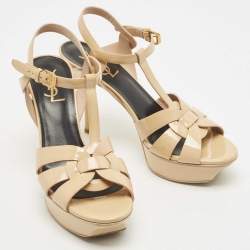 Pre Owned Saint Laurent Beige Patent Tribute Ankle Strap Sandals Size 38
